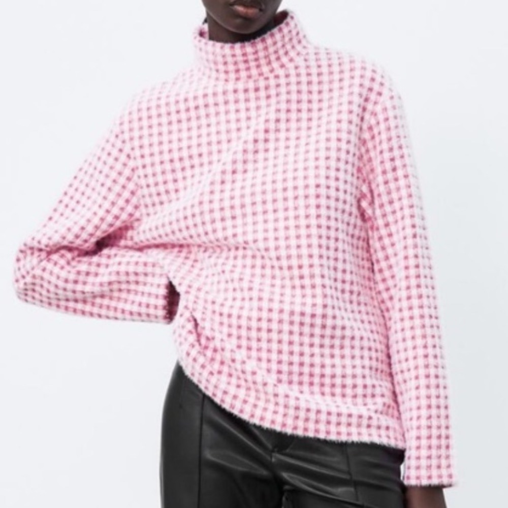 Zara Pink White Mock Neck Sweater Womens Size Small Checkered Plaid‎ Preppy Knit - Picture 2 of 16